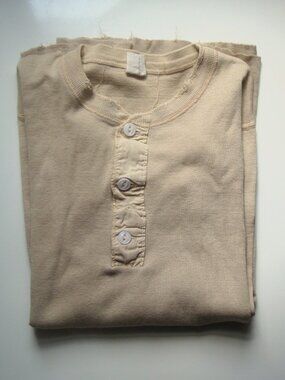 Vintage 80s Healthknit Henley Long Sleeve Khaki Worn Distressed Grunge Shirt